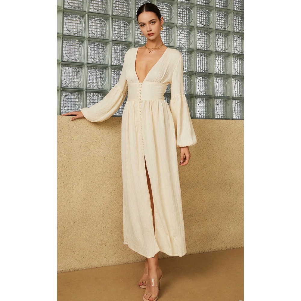 Commense NWT Button Puff Sleeve Corset Maxi Dress Ivory X-Large French Girl Chic